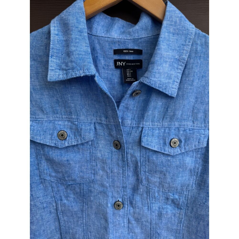 Jones New York Linen Jacket L Blue Jean Style Button Front Coastal Resort - Picture 6 of 15
